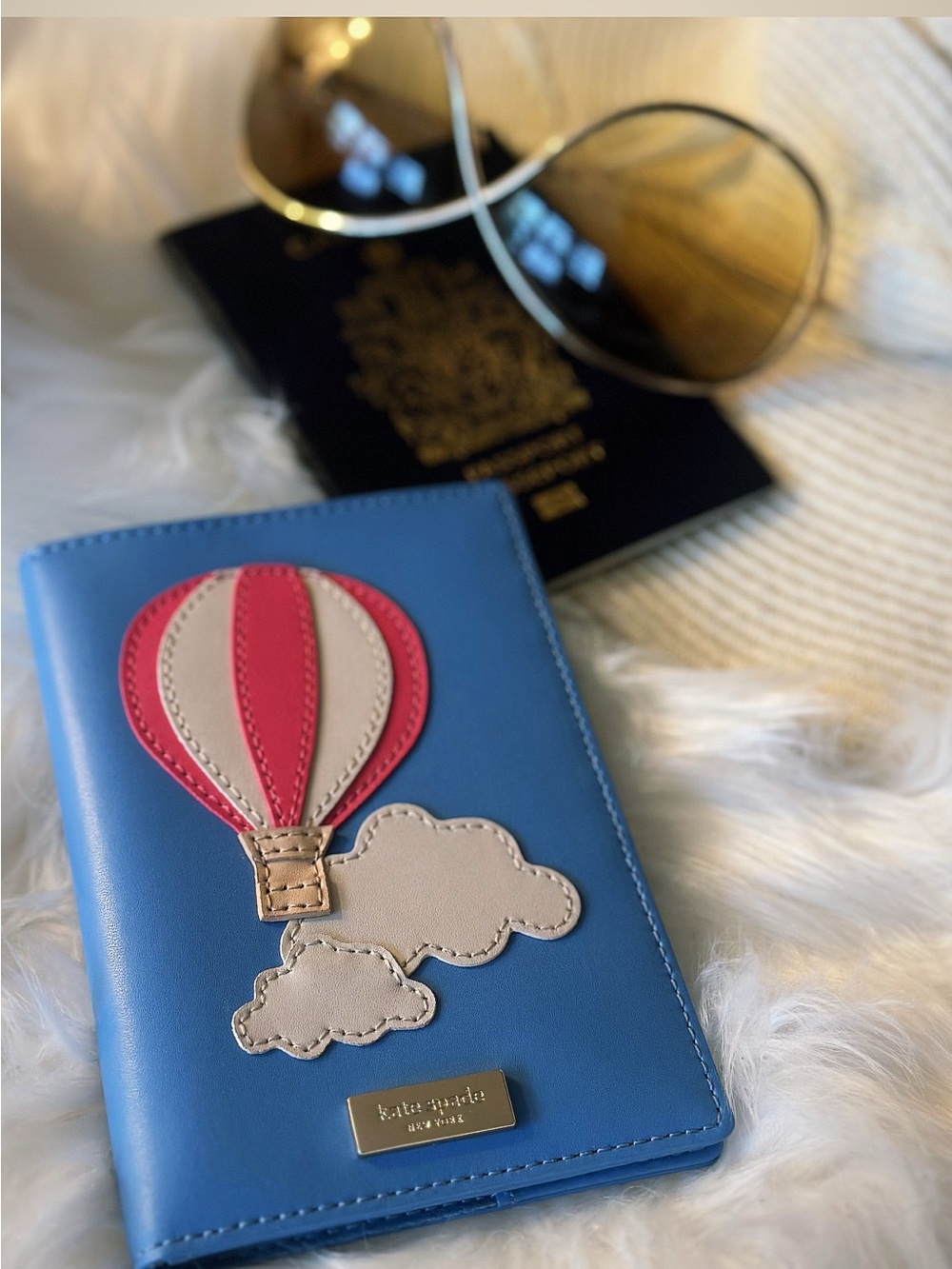 Kate Spade “Get Carried Away” Hot Air Balloon Passport Holder ✈️ Blue Leather - Picture 2 of 7